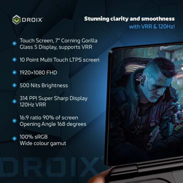 "Corning Gorilla Glass 5, 120Hz VRR, 1920×1080 FHD 해상도, 500니트 밝기, 314 PPI를 갖춘 GPD Win Mini 2025 7인치 터치스크린을 소개하는 인포그래픽입니다. 10포인트 멀티터치 지원, 16:9 비율(화면 대 본체 비율 90%), 168도 개방 각도, 선명하고 부드러운 비주얼을 위한 100% sRGB 색재현율 등이 주요 특징입니다."