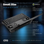 "Infographic displaying the GPD Win Mini 2025 with a comprehensive port layout, including USB4 Type-C, full-function USB Type-C, USB-A, microSD card slot, combo audio jack, and programmable macro keys. Highlights dimensions of 6.77 × 4.29 × 1.06 inches (17.2 × 10.9 × 2.7 cm) and lightweight design at 555g (1.22 lbs)."