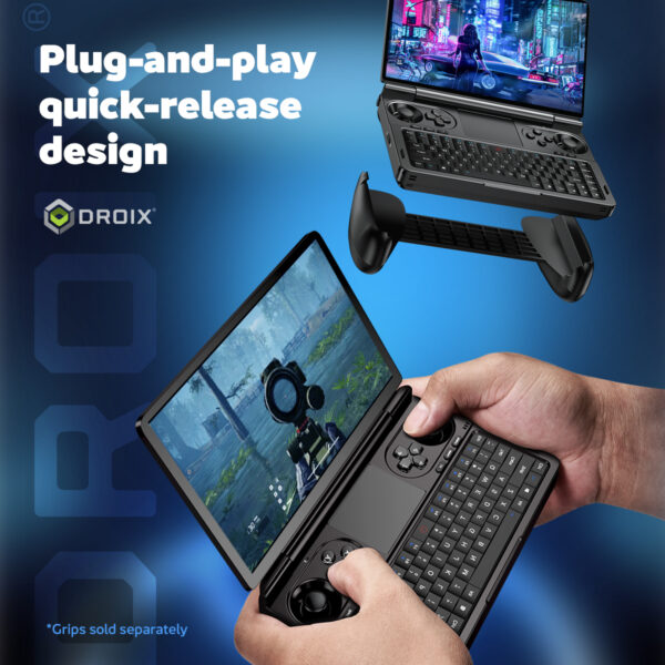 “그립을 쉽게 탈부착할 수 있는 플러그 앤 플레이 퀵 릴리스 디자인의 GPD Win Mini 2025를 소개하는 인포그래픽입니다. 편안한 게임 세션을 위한 향상된 인체공학적 설계를 강조하며 그립은 별도로 판매됩니다.”