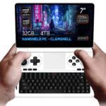 Hands holding the white variant of the GPD Win Mini 2025, a sleek clamshell handheld PC with a 7-inch 120Hz VRR display, AMD Ryzen AI Pro 9 HX processor, AMD Radeon Graphics, 32GB RAM, and 4TB NVMe storage, set against a futuristic cyberpunk-themed background.
