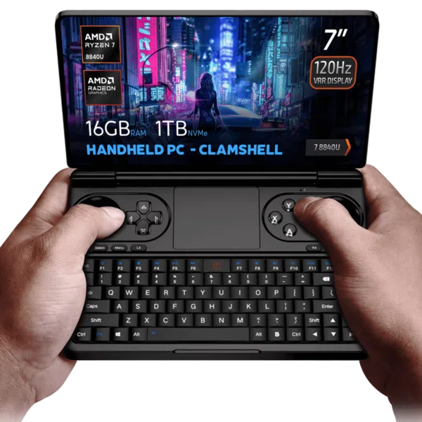 미래지향적인 사이버 펑크 배경에 7인치 120Hz VRR 디스플레이, AMD Ryzen 7 8840U 프로세서, AMD Radeon 그래픽, 16GB RAM 및 1TB NVMe 스토리지를 탑재한 소형 클램셸 핸드헬드 PC인 GPD Win Mini 2025를 손에 들고 있습니다.