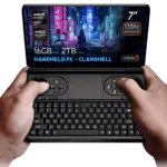 GPD-WIN-MINI-2025-INFOGRAPHIC-8840U-16-2-01 Hands holding the GPD Win Mini 2025, a compact clamshell handheld PC with a 7-inch 120Hz VRR display, AMD Ryzen 7 8840U processor, AMD Radeon Graphics, 16GB RAM, and 2TB NVMe storage, displayed against a futuristic cyberpunk background.