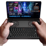 Hands holding the GPD Win Mini 2025, a versatile clamshell handheld PC featuring a 7-inch 120Hz VRR display, AMD Ryzen AI Pro 9 HX and Ryzen 7 8840U processor options, AMD Radeon Graphics, up to 64GB RAM, and up to 4TB NVMe storage, presented with a cyberpunk-themed cityscape in the background.