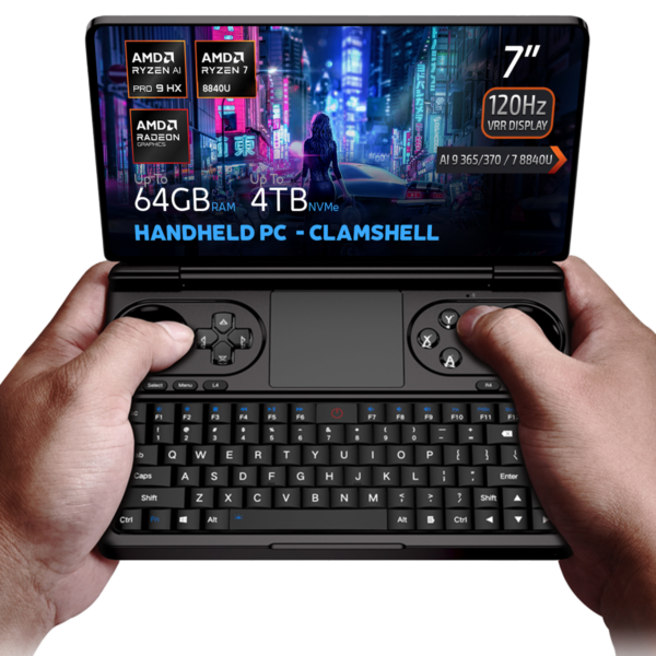 Hands holding the GPD Win Mini 2025, a versatile clamshell handheld PC featuring a 7-inch 120Hz VRR display, AMD Ryzen AI Pro 9 HX and Ryzen 7 8840U processor options, AMD Radeon Graphics, up to 64GB RAM, and up to 4TB NVMe storage, presented with a cyberpunk-themed cityscape in the background.