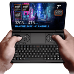 Hands holding the GPD Win Mini 2025, a clamshell handheld PC with a 7-inch 120Hz VRR display, powered by AMD Ryzen AI 9 HX 365/370 or Ryzen 7 8840U processors. Featuring up to 64GB RAM and 4TB NVMe storage, it is optimized for gaming and productivity with Hall Effect joysticks, a full QWERTY keyboard, and stunning cyberpunk-themed visuals on the screen.