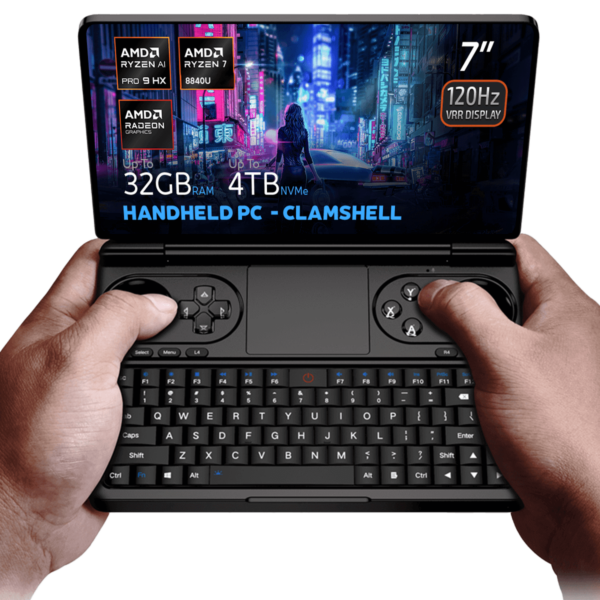 Hands holding the GPD Win Mini 2025, a clamshell handheld PC with a 7-inch 120Hz VRR display, powered by AMD Ryzen AI 9 HX 365/370 or Ryzen 7 8840U processors. Featuring up to 64GB RAM and 4TB NVMe storage, it is optimized for gaming and productivity with Hall Effect joysticks, a full QWERTY keyboard, and stunning cyberpunk-themed visuals on the screen.