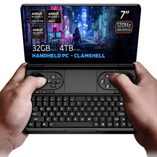 Ruke drže GPD Win Mini 2025, preklopno ručno računalo sa 7-inčnim VRR zaslonom od 120 Hz, koje pokreću AMD Ryzen AI 9 HX 365/370 ili Ryzen 7 8840U procesori. S do 64 GB RAM-a i 4 TB NVMe pohrane, optimiziran je za igranje i produktivnost s Hall Effect joystickovima, punom QWERTY tipkovnicom i zapanjujućim vizualnim prikazima na temu cyberpunka na zaslonu. 