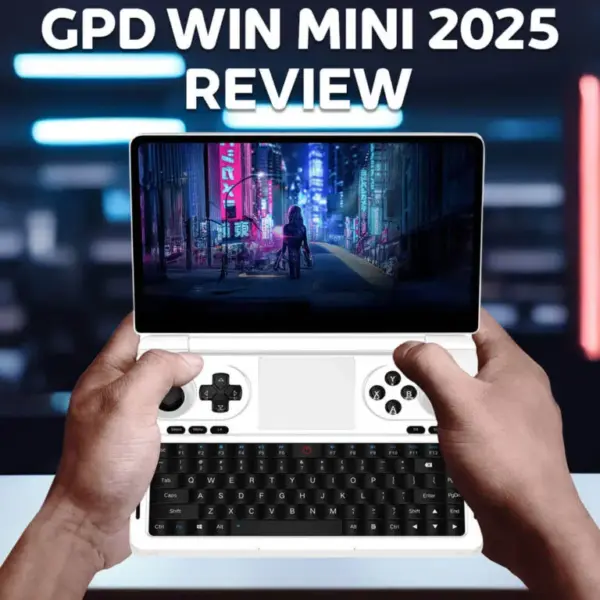 GPD-WIN-MINI-2025-review-768x768 - GPD | PC Gaming Handhelds & Mini Laptops A thumbnail image for a video review of the GPD WIN MINI 2025. The device is white with a clamshell design, shown open in a handheld position with two hands holding it. The top section features the screen displaying a cyberpunk city scene. The bottom half features game controls (D-pad and analog sticks on top, keyboard below) in a mix of white and black. Large white text overlaid on the image reads "GPD WIN MINI 2025 REVIEW." The background is a brightly lit, blurred interior with neon blue and pink lights.