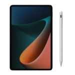 Tablet with a black frame and a vibrant screen displaying an abstract gradient design in green, blue, and orange hues, accompanied by a white capacitive stylus with a smooth, minimalist design.