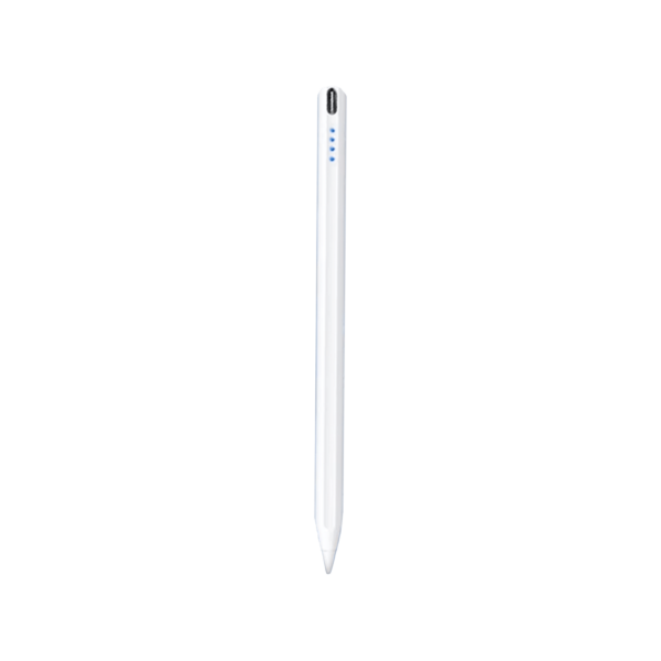 Minimalist black background with the universal stylus pen in white, highlighting its modern design and slim profile.