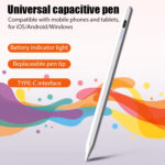 Universal capacitive stylus pen shown with a sleek white design, featuring highlights such as a battery indicator light, replaceable pen tip, and Type-C interface, against a colorful abstract background.