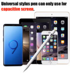 Universal stylus pen displayed alongside a variety of compatible devices, including smartphones, tablets, and iPads, emphasizing its use on capacitive screens.