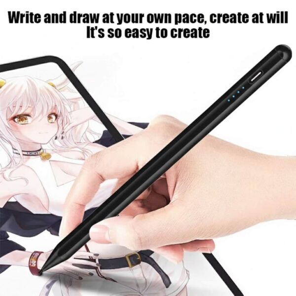 A hand uses a black stylus pen to draw or write on a tablet screen displaying an anime-style image. The text reads, "Write and draw at your own pace, create at will."
