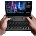 (GPD WIN MINI 2025 - Infographic with 64GB RAM and 4TB NVMe Storage): A clamshell handheld PC featuring a 7-inch FHD screen with 120Hz VRR display. Powered by AMD Ryzen AI 9 HX 370 CPU, it offers Radeon graphics, 64GB LPDDR5x RAM, and upgraded 4TB NVMe SSD storage. Includes gaming controls and a keyboard.