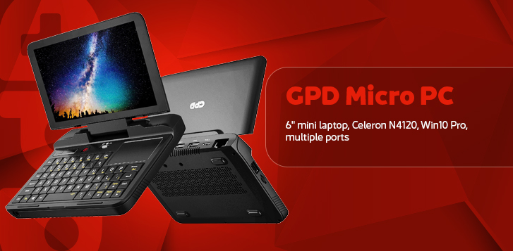 GPD Micro PC A 6-inch rugged mini laptop with a compact design, featuring multiple ports and a backlit keyboard. The device runs Windows 10 Pro and is targeted at professionals needing a portable workstation. The background is red with bold patterns.