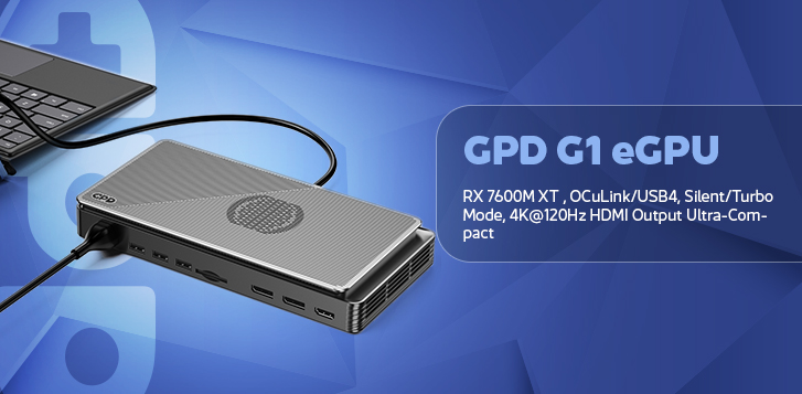 GPD G1 eGPU
A compact external graphics processing unit (eGPU) with an RX 7600M XT, featuring OCuLink and USB4 connectivity. The device is sleek, black, and equipped with multiple ports. It is connected to a laptop in the background, which highlights its eGPU functionality. The background has a blue gradient design.