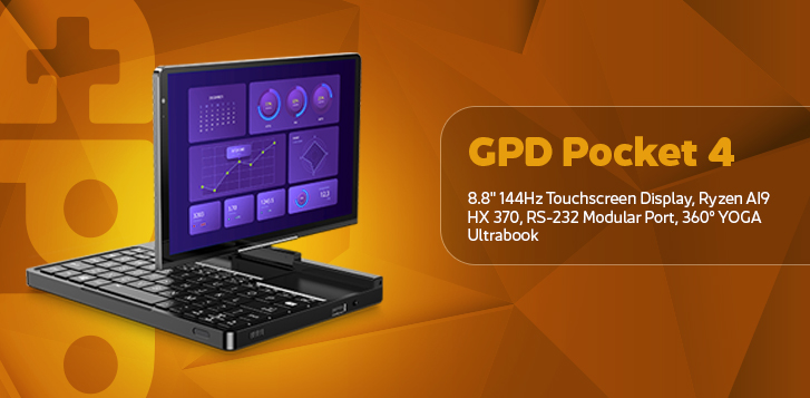 GPD Pocket 4
An 8.8-inch ultrabook with a 144Hz touchscreen. It has a 360-degree rotating design and includes an RS-232 modular port. The device is black and designed for professional and gaming use. The background features a deep orange gradient.