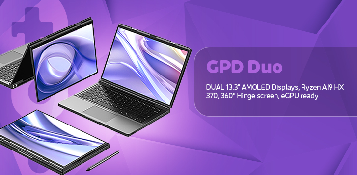 GPD Duo A dual-screen 13.3-inch AMOLED laptop with a 360-degree hinge. The laptop is shown in multiple configurations, including a traditional laptop mode and a fully folded tablet mode. It features a stylus, indicating touchscreen support. The background has a purple gradient.