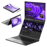 The GPD Duo is shown in multiple orientations, highlighting its 3-in-1 design. The main image presents the laptop in its open dual-screen setup, while smaller images illustrate different modes, including tent mode and a fully folded tablet mode with a stylus. The displays feature a purple abstract wallpaper, and the specifications on the screen highlight the device's secondary screen functionality via USB-C video input. The AMD Ryzen 7 8840U processor and 32GB RAM are also mentioned