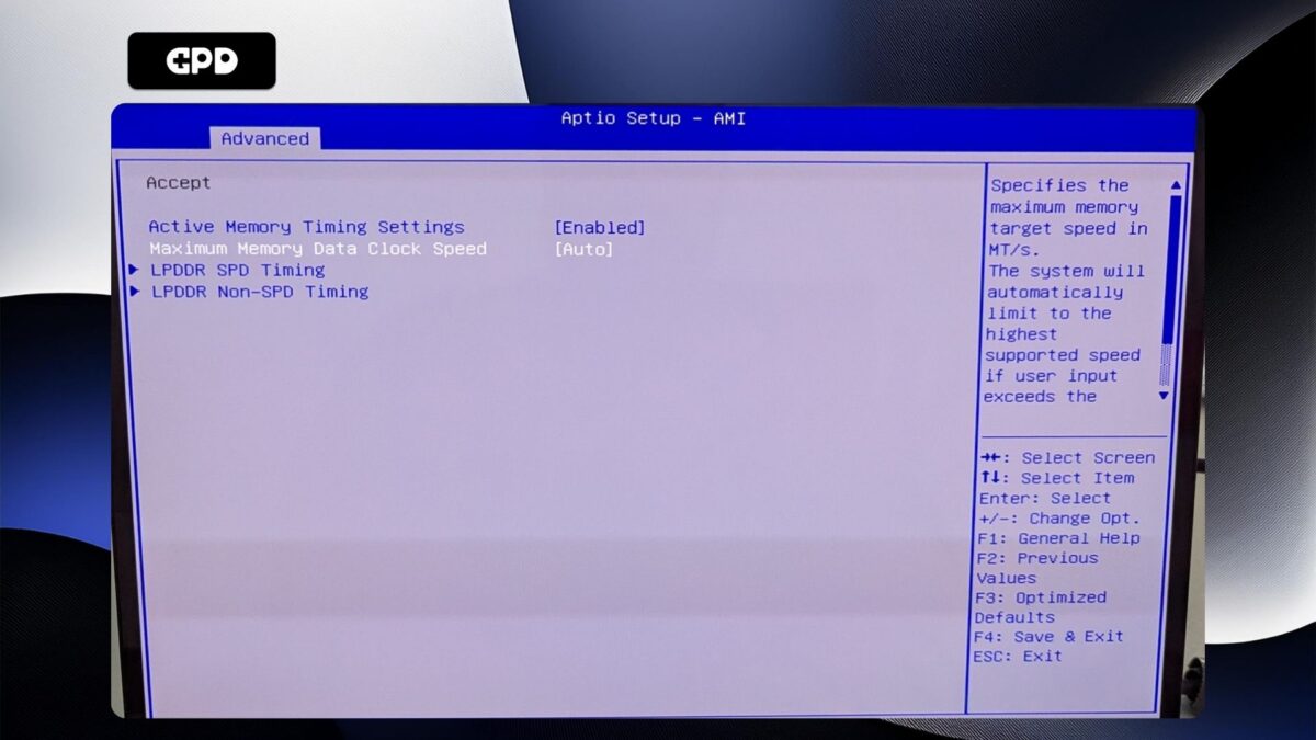 GPD Duo – Active Memory Timing Settings Enabled