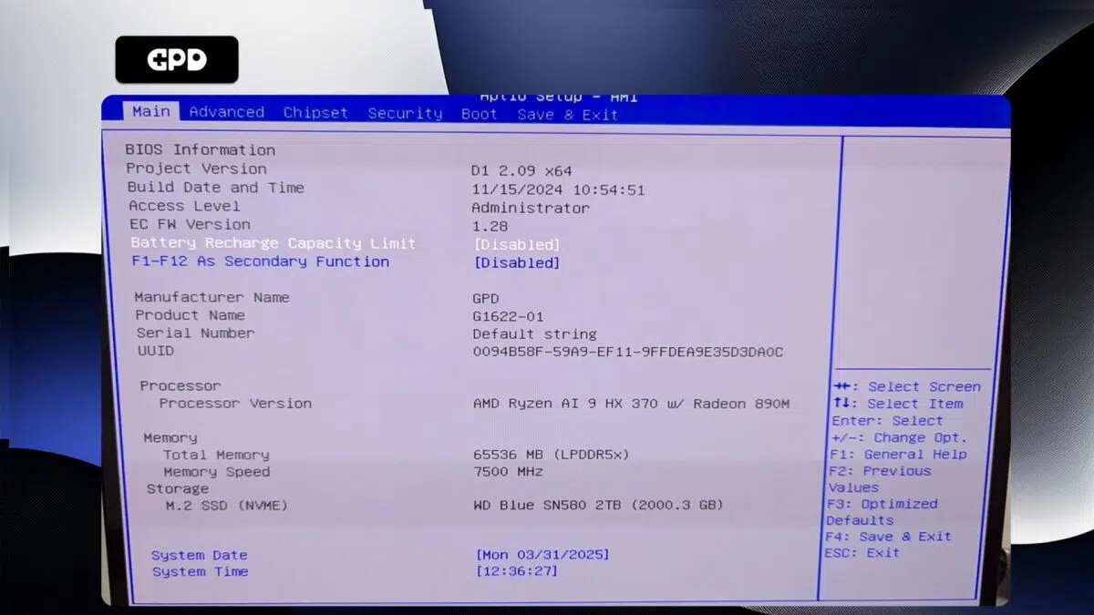 GPD Duo - BIOS Główny