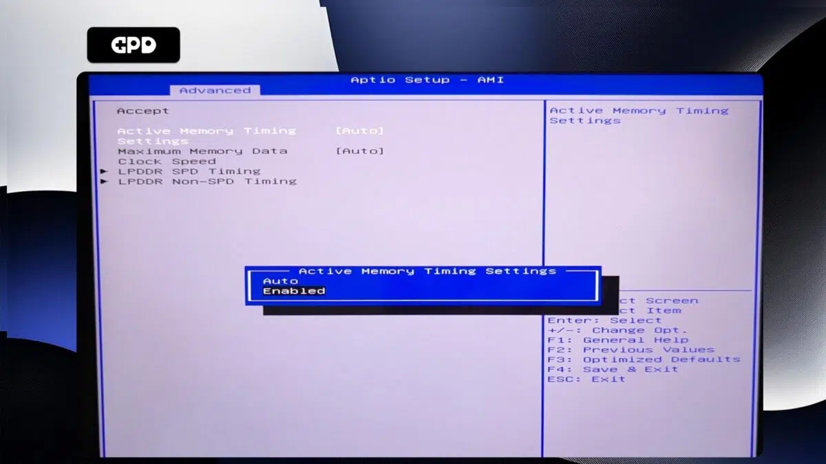 GPD Pocket 4 - Aktywne ustawienia taktowania pamięci włączone