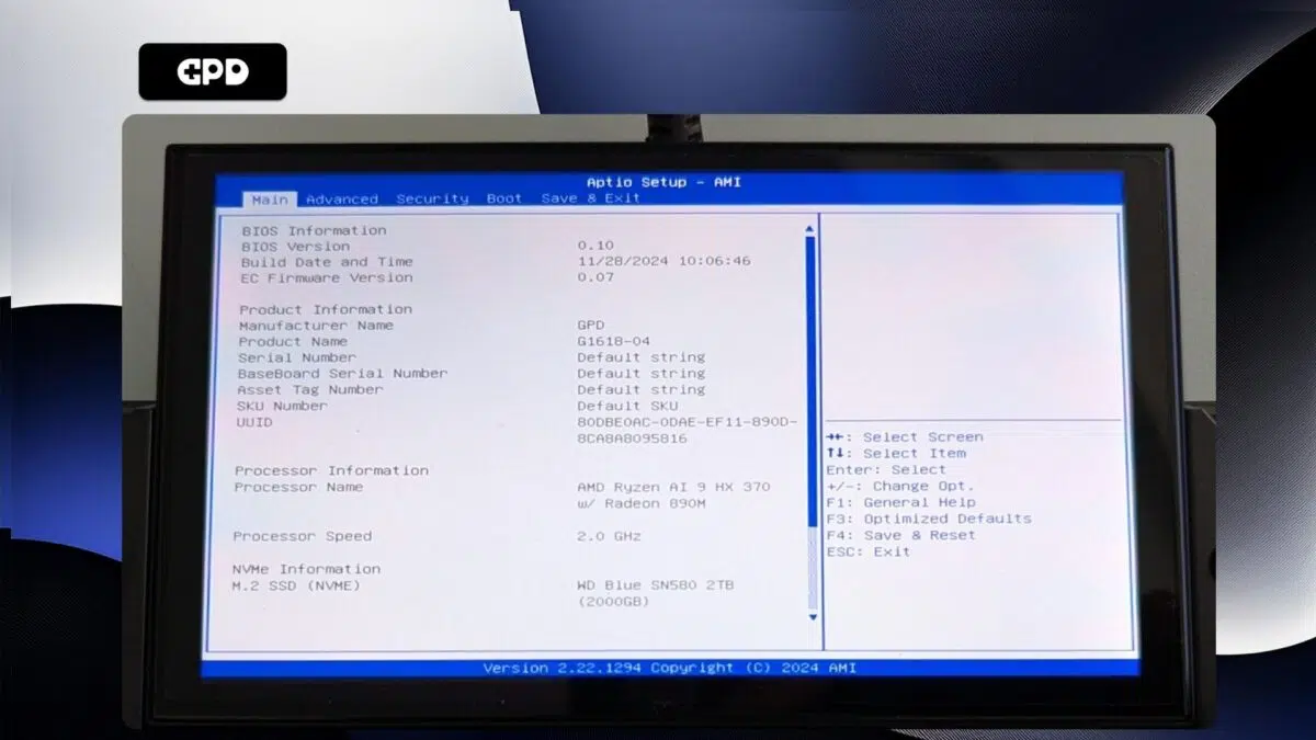 GPD WIN 4 2025 - BIOS Główny