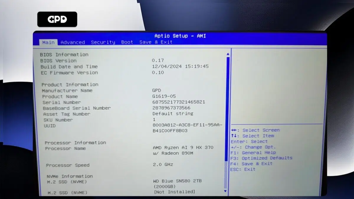 GPD WIN MAX 2 2025 - BIOS Główny