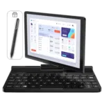 GPD-POCKET-3-LISTING-IMAGE-STYLUS-1 A black GPD Pocket 3 mini laptop is shown in a two-in-one configuration, with its touchscreen rotated and angled above the keyboard. The screen displays a dashboard interface with various charts and data. To the left of the laptop, a small graphic of a gift box is shown, next to a black stylus pen, indicating that it is an included accessory. The background is a light grey.
