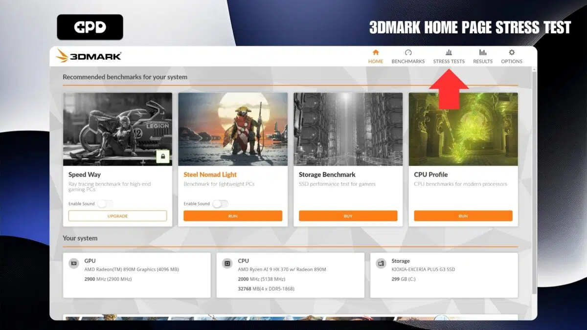Teste de esforço da página inicial do 3DMARK