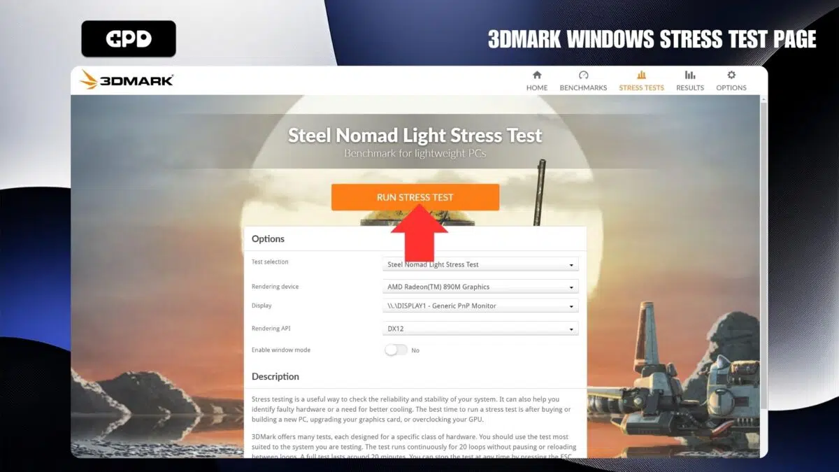 Página de teste de stress do Windows 3DMARK