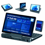 A promotional image showcasing the versatile display modes of the GPD MicroPC 2. A central image shows the device open in laptop mode, with a detailed dashboard on its screen. Around it, smaller versions of the device are shown in different orientations: in tablet mode, inverted V-shape, and portrait mode. Bullet points at the bottom highlight key features like the processor, screen size, and storage capacity. The background is a solid dark green.