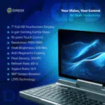 Imagen promocional del "GPD MicroPC 2" que muestra su diseño y especificaciones "2 IN 1 Yoga ULTRABOOK". Se muestra un GPD MicroPC 2, abierto en modo portátil en un ángulo, con un panel de datos en su pantalla. En la parte izquierda de la imagen se enumeran sus principales especificaciones: almacenamiento, pantalla táctil, CPU, GPU, RAM, sistema operativo, conexión inalámbrica y batería. Los logotipos de "procesador Intel" y "Windows 11 Pro" aparecen en la esquina inferior izquierda. El logotipo de "DROIX" está arriba a la derecha.