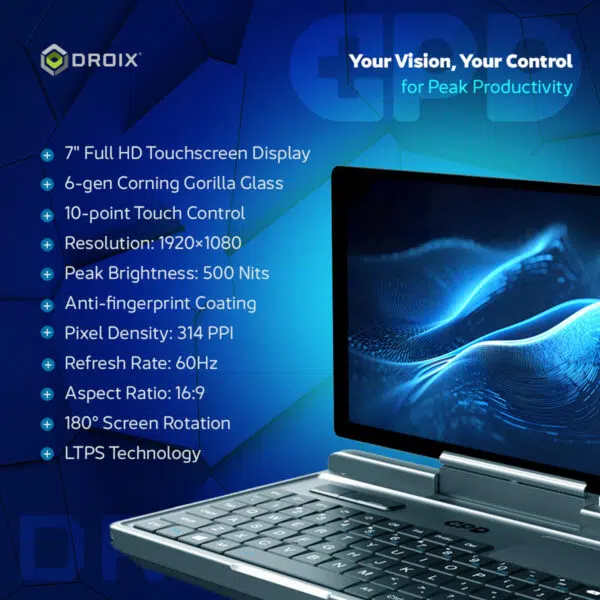 Imagen promocional del "GPD MicroPC 2" que muestra su diseño y especificaciones "2 IN 1 Yoga ULTRABOOK". Se muestra un GPD MicroPC 2, abierto en modo portátil en un ángulo, con un panel de datos en su pantalla. En la parte izquierda de la imagen se enumeran sus principales especificaciones: almacenamiento, pantalla táctil, CPU, GPU, RAM, sistema operativo, conexión inalámbrica y batería. Los logotipos de "procesador Intel" y "Windows 11 Pro" aparecen en la esquina inferior izquierda. El logotipo de "DROIX" está arriba a la derecha.