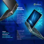Una infografía para el GPD MicroPC 2, en la que se destaca su "Portabilidad definitiva, conectividad inigualable" con etiquetas detalladas de puertos y controles. La imagen muestra dos dispositivos desde distintos ángulos sobre un fondo hexagonal azul. Las líneas azules apuntan desde los puertos y controles a sus respectivas etiquetas, como "Botón de encendido / huella dactilar", "Puerto de red RJ45" y "HDMI 2.1". En la parte inferior izquierda se indica el peso del dispositivo, "490 g", y sus dimensiones.