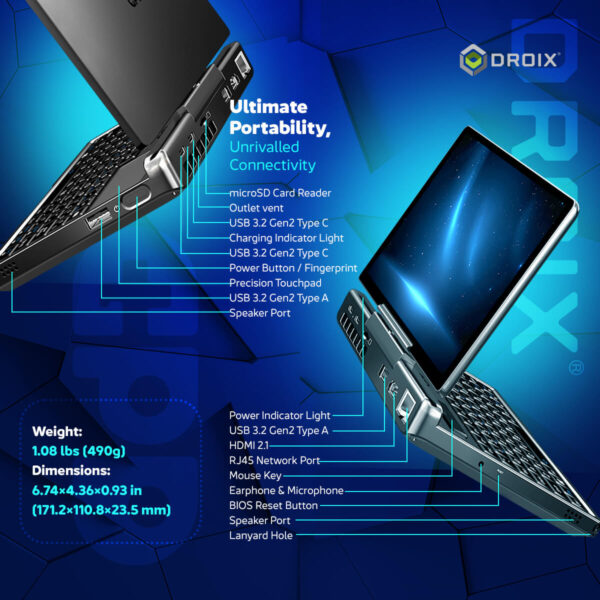 En infografik for GPD MicroPC 2, der fremhæver dens "ultimative bærbarhed, uovertrufne tilslutningsmuligheder" med detaljerede port- og kontroletiketter. Billedet viser to enheder fra forskellige vinkler mod en blå sekskantet baggrund. Blå linjer peger fra portene og kontrollerne til deres respektive etiketter, såsom "Tænd/sluk-knap/fingeraftryk", "RJ45-netværksport" og "HDMI 2.1". Nederst til venstre står enhedens vægt på "1.08 lbs (490g)" og dens dimensioner.   