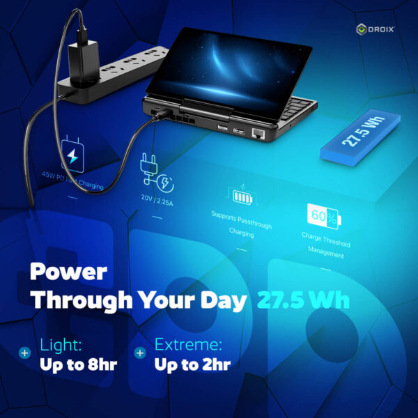 Et reklamebillede for "GPD MicroPC 2", der viser dens "2 IN 1 Yoga ULTRABOOK"-design og -specifikationer. En GPD MicroPC 2 vises, åben i bærbar tilstand i en vinkel, med et datadrevet dashboard på skærmen. I venstre side af billedet ses de vigtigste specifikationer: lagerplads, touchscreen, CPU, GPU, RAM, OS, trådløs forbindelse og batteri. Logoer for "intel processor" og "Windows 11 Pro" er i nederste venstre hjørne. "DROIX"-logoet er øverst til højre.    