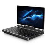 GPD MicroPC 2 open with 7-inch Full HD display, showing the backlit keyboard and industrial-grade design from a left-side perspective.