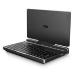 Rear view of the GPD MicroPC 2 with the lid open, showcasing the minimalist back panel and hinge design of the rugged mini laptop.