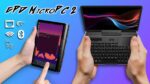 A person holds a black GPD MicroPC 2, a compact laptop with a hinged screen and a full QWERTY keyboard, with both hands. The screen displays a colorful, abstract wallpaper with blue, pink, and orange hues. To the left, another person holds the same device in portrait mode, using it like a large smartphone with a virtual keyboard displayed on the screen. The device's screen in this view shows a Linux desktop environment with a terminal window open. In the upper left corner of the image, there are four white icons: a network port, Wi-Fi, Bluetooth, and a power plug. The text "GPD MICROPC 2" is written in a stylized white font across the top of the image.