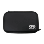 A front-facing shot of a closed, black hard shell case for the GPD MicroPC 2, against a grey background. The case is rectangular with rounded corners and features a white "GPD MicroPC 2" logo in the bottom right corner. The case is zipped shut.