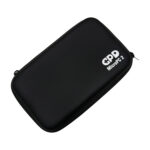 An angled shot of a closed, black hard shell case for the GPD MicroPC 2, isolated against a white background. The top of the case is smooth and features a white "GPD MicroPC 2" logo in the bottom right corner. The case is zipped shut.
