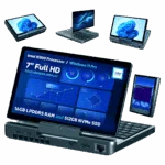 GPD-MICROPC-2-INFOGRAPHICS-N300-512GB-DONE-01 An infographic showcasing the versatile display modes of the GPD MicroPC 2. A central image shows the device open in laptop mode, with a detailed dashboard on its screen. Around it, smaller versions of the device are shown in different orientations: in tablet mode, inverted V-shape, and portrait mode. Bullet points at the bottom highlight key features like the processor, screen size, and storage capacity. The background is a solid dark green.