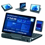 GPD-MPC2-LISTING-DONE-N300-4TB-01 Ένα infographic που παρουσιάζει τις ευέλικτες λειτουργίες απεικόνισης του GPD MicroPC 2, σε ένα συμπαγές σκούρο πράσινο φόντο. Μια κεντρική εικόνα δείχνει τη συσκευή ανοιχτή σε λειτουργία φορητού υπολογιστή, με την οθόνη της να εμφανίζει ένα ταμπλό γεμάτο δεδομένα, με μπλε θέμα. Οι βασικές προδιαγραφές επισημαίνονται στην οθόνη: Επεξεργαστής Intel N300, Windows 11 Home, οθόνη αφής 7" Full HD, 16GB LPDDR5 RAM και 4TB NVMe SSD. Γύρω από την κεντρική συσκευή, μικρότερες προβολές παρουσιάζουν τη συσκευή σε διαφορετικούς προσανατολισμούς, συμπεριλαμβανομένης της λειτουργίας σκηνής, της λειτουργίας tablet και της αναδιπλωμένης λειτουργίας, απεικονίζοντας τη λειτουργικότητά της 2 σε 1. Το λογότυπο της Intel είναι επίσης παρόν στην οθόνη.