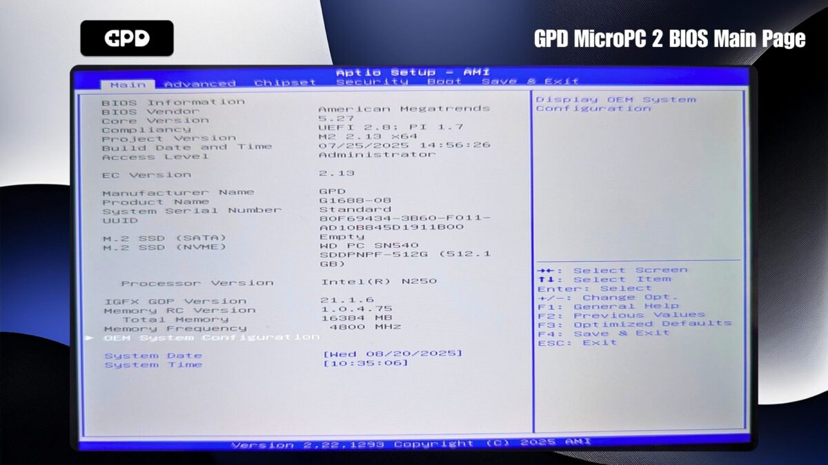 GPD MicroPC 2 BIOS Main Page