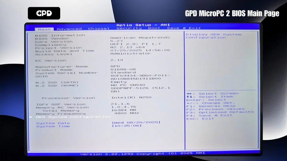 GPD MicroPC 2 BIOS Hauptseite