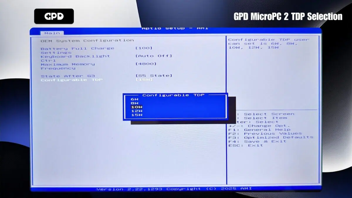 GPD MicroPC 2 TDP pasirinkimas