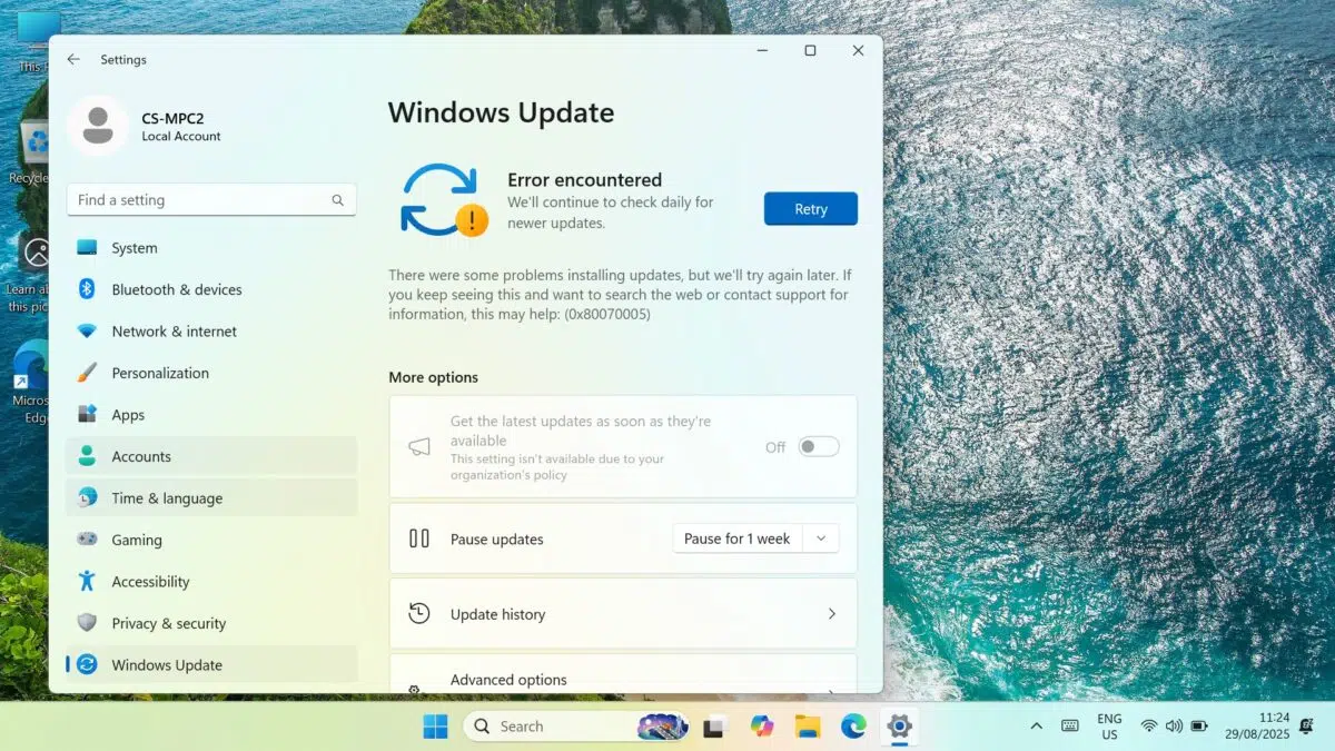 GPD MicroPC 2 Aufforderung zur Wiederholung des Windows-Updates