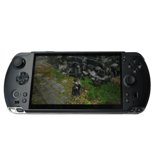 A GPD WIN 5 handheld gaming console in a dark grey color is centered against a plain grey background. The console's large widescreen display shows a third-person video game with a character standing on a stone path next to a wall. The console features a D-pad and analog stick on the left, and face buttons (A, B, X, Y) and a second analog stick on the right. Additional buttons like a menu button and start/select buttons are also visible.