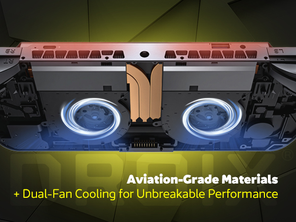 Detailní pohled na chladicí systém GPD WIN 5 na tmavém, žlutě zářícím pozadí. Na obrázku jsou vidět dva modře zářící kruhové ventilátory a měděné tepelné potrubí. Text ve spodní části zní: "Materiály letecké třídy + chlazení dvěma ventilátory pro nezlomný výkon."